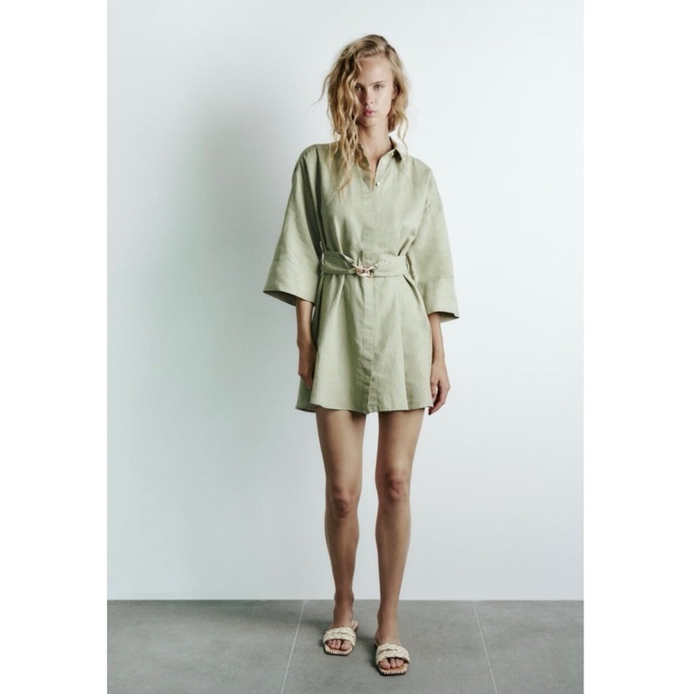 Zara Linen Blend Green Belt Mini Dress Size S